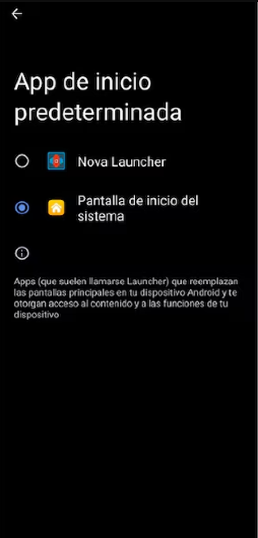 Se debe establecer a Nova Launcher como la app de inicio predeterminada. (Nova Launcher)