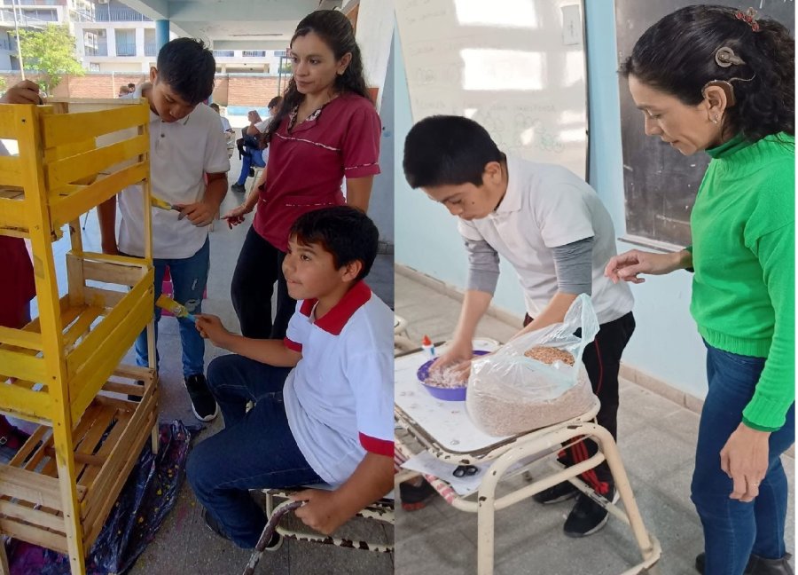 Junto a sus alumnos, en un rol que ama, la docencia.