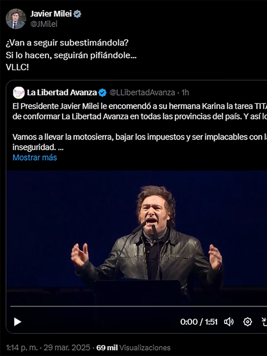 El posteo de Javier Milei en su cuenta de X respaldando a su hermana Karina