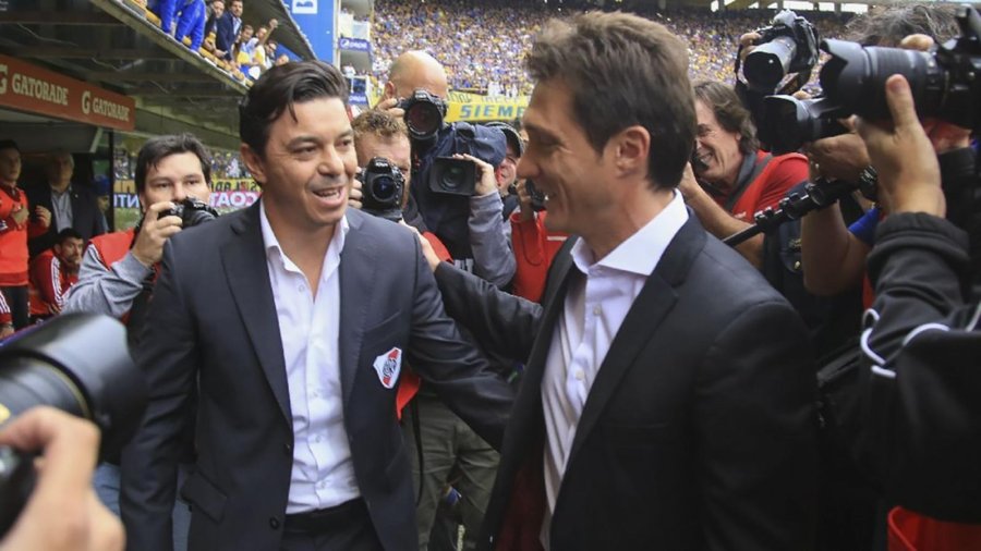 <b>Gallardo y Barros Schelotto: un saludo que se repetir&aacute; este domingo.</b>