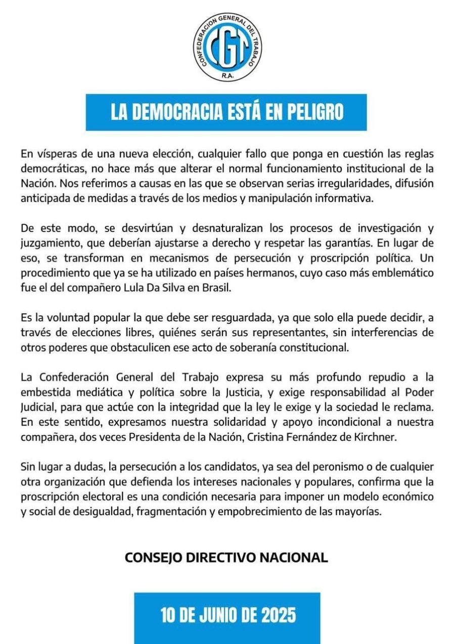 Comunicado oficial de la CGT ante el inminente fallo de la Corte Suprema.