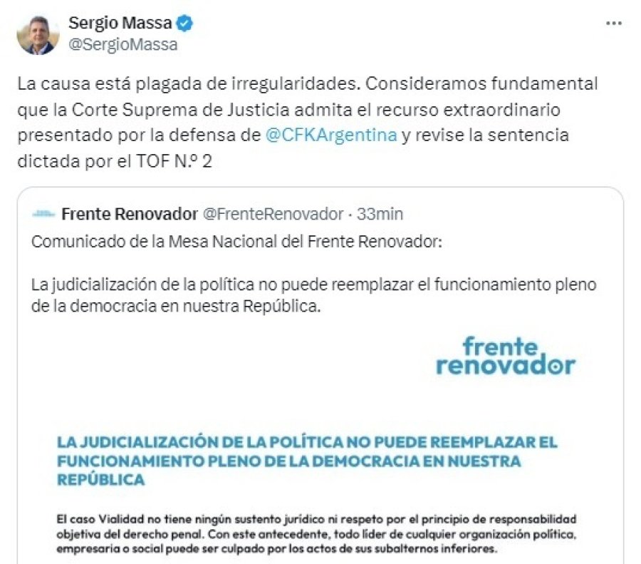 Sergio Massa exigi&oacute; a la Corte Suprema que revise el fallo condenatorio contra CFK. (Imagen: captura de pantalla)