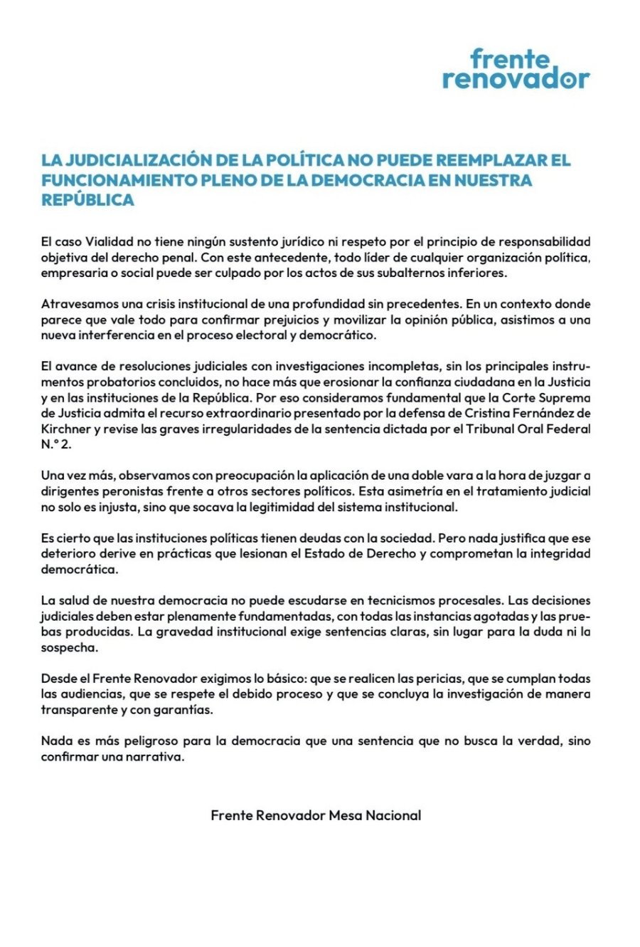 El Frente Renovador expres&oacute; su solidaridad con CFK y rechaz&oacute; al judicializaci&oacute;n de la pol&iacute;tica. (Imagen: captura de pantalla)