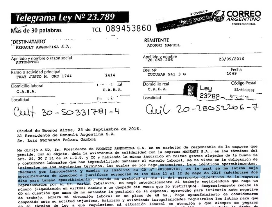 El telegrama de intimaci&oacute;n del actual jefe de Gabinete de Milei.