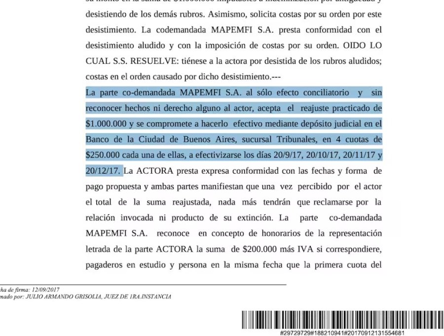 El acta acuerdo que cancel&oacute; la posibilidad de una sentencia.