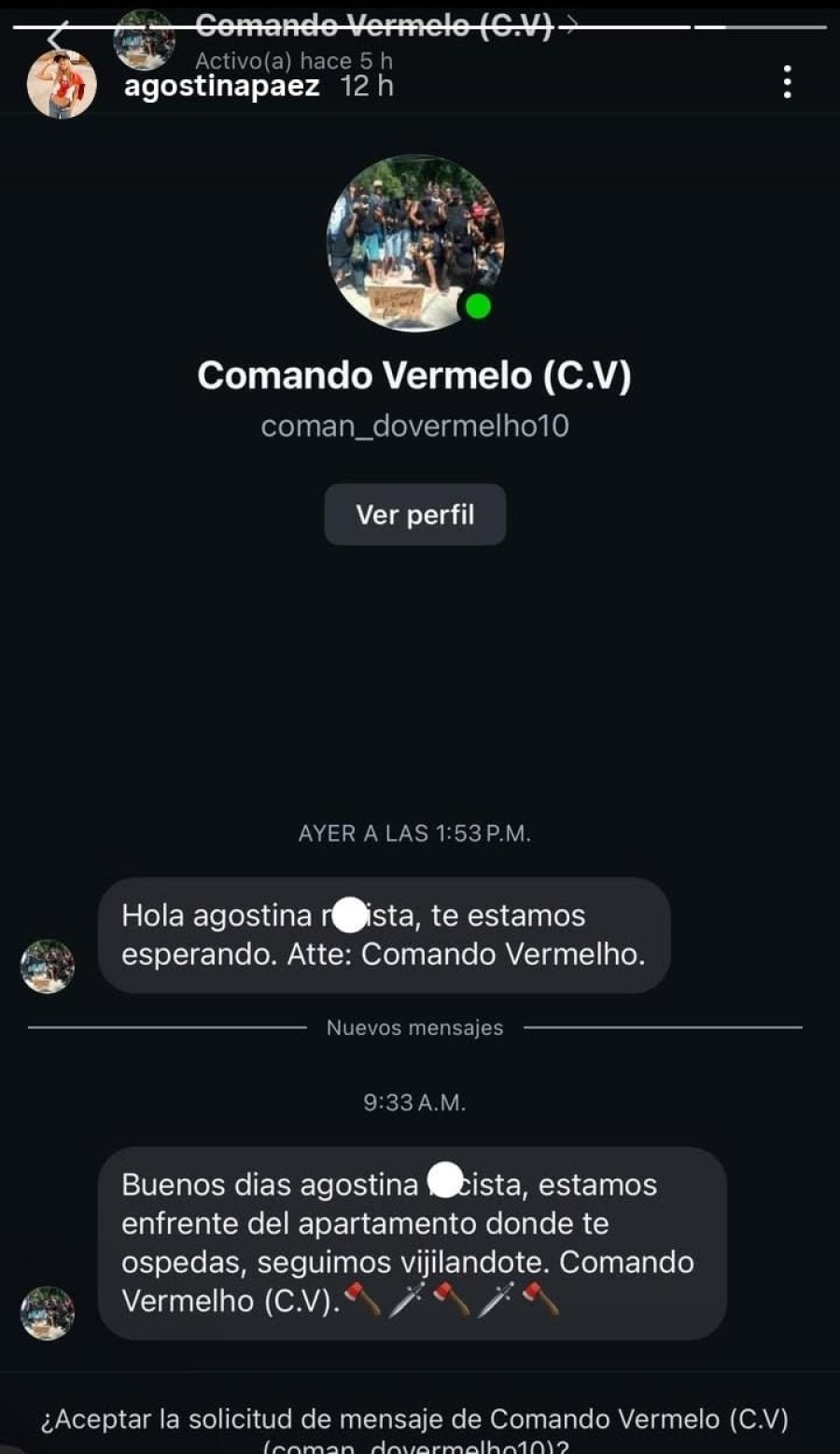 La historia que comparti&oacute; Agostina en su cuenta de IG, mostrando las amenazas.