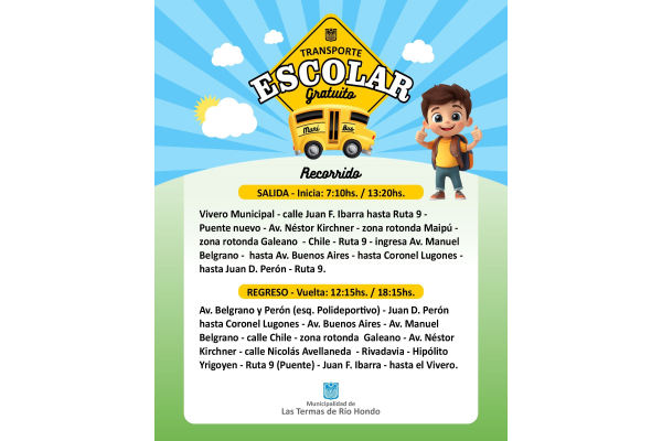 Las Termas puso en marcha el transporte escolar gratuito y difundió recorridos y horarios