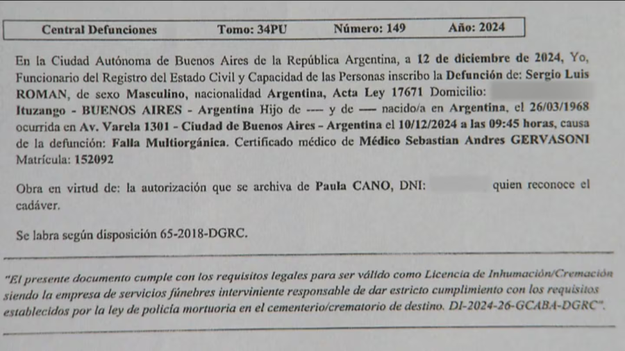 <i>El certificado de defunci&oacute;n de Sergio Luis Rom&aacute;n. (Foto: captura Telenoche)</i>