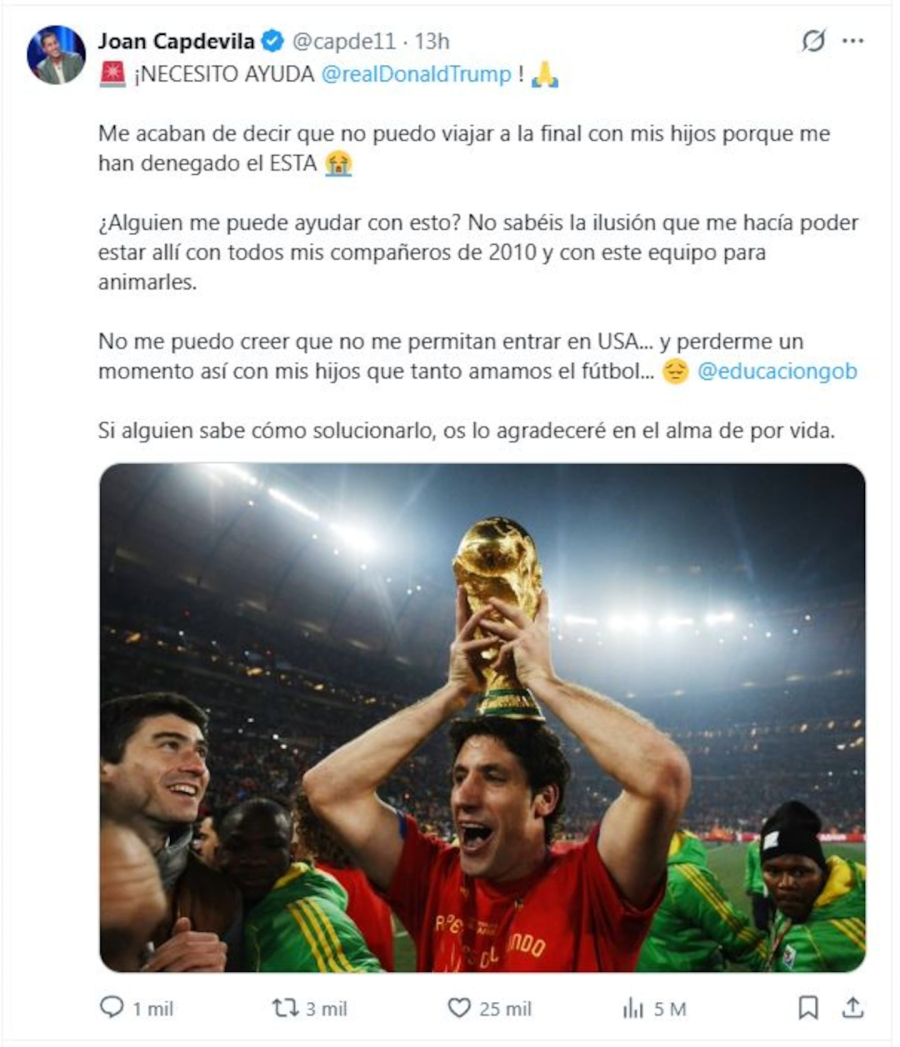 <i>Joan Capdevila recurri&oacute; a las redes sociales para pedir ayuda tras el rechazo de su permiso de ingreso a Estados Unidos.</i>