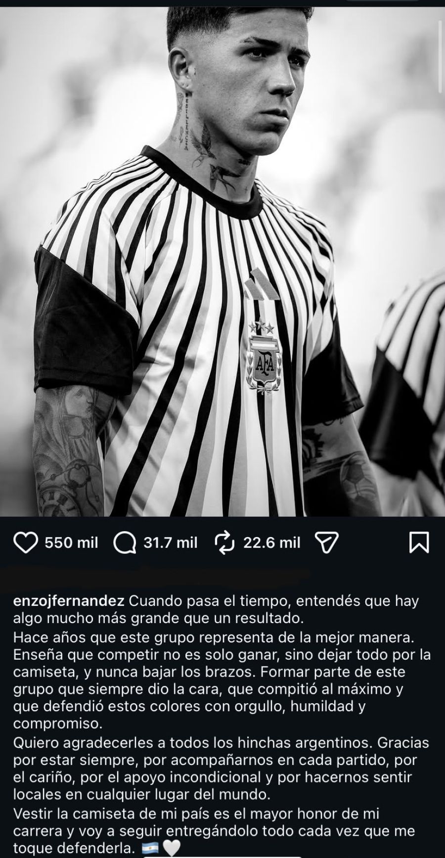 <i>El posteo de Enzo Fern&aacute;ndez en sus redes.</i>
