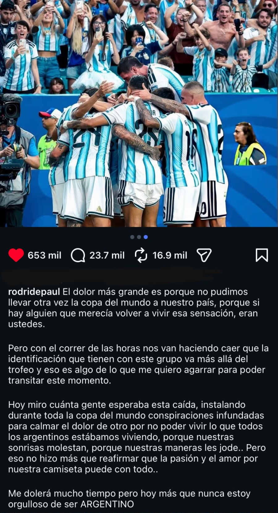 <i>El posteo de Rodrigo De Paul.</i>